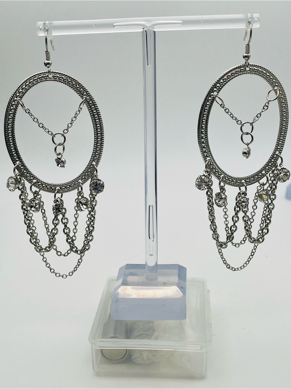 Silver Hoop Chain Fringe Dangle Earrings  with crystals accents